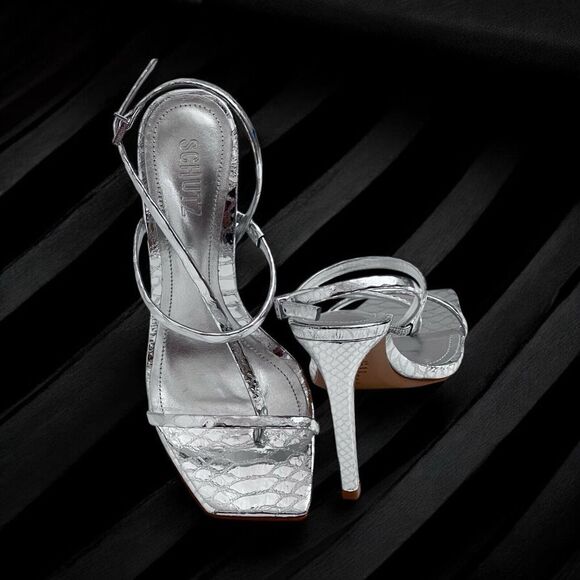Schutz Womens Heloise Silver Metallic High Heel Square Toe Sandal Size 8 - Picture 13 of 13